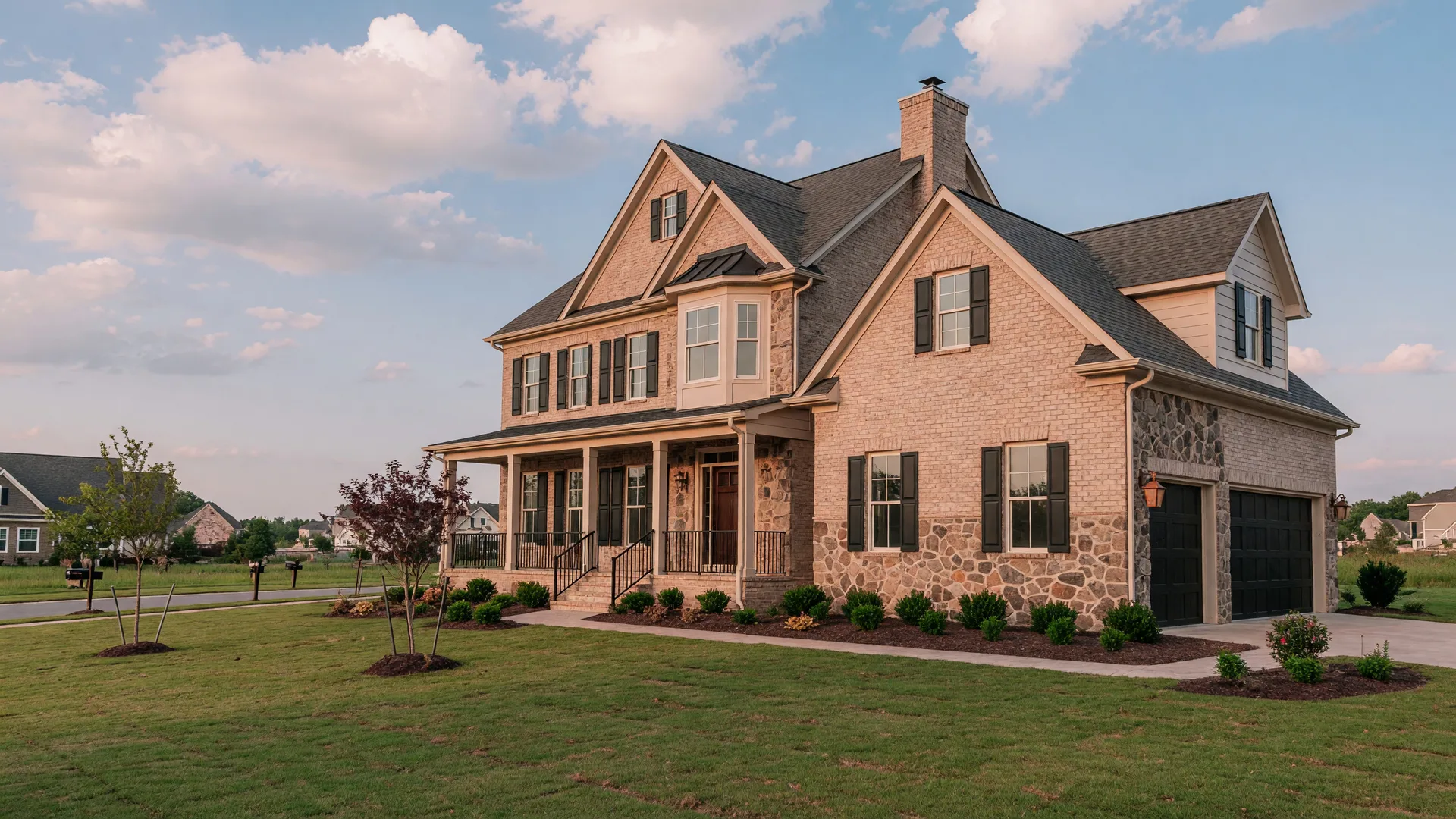 An elegant semi-custom Drees Homes property in a Virginia subdivision with stone accents and a manicured lawn in soft afternoon light