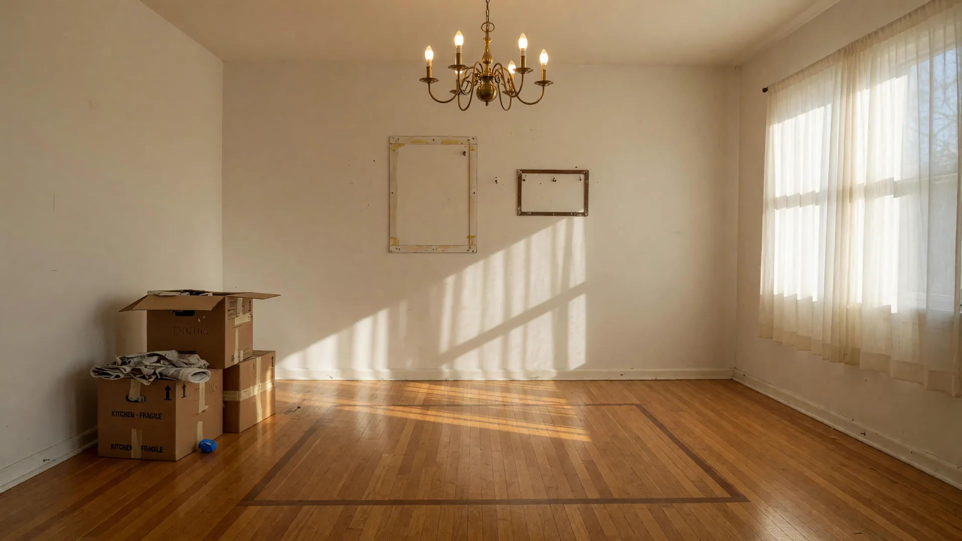 A bright empty dining room with a brass chandelier, faint outlines where wall art once hung, and stacked moving boxes during a final walkthrough