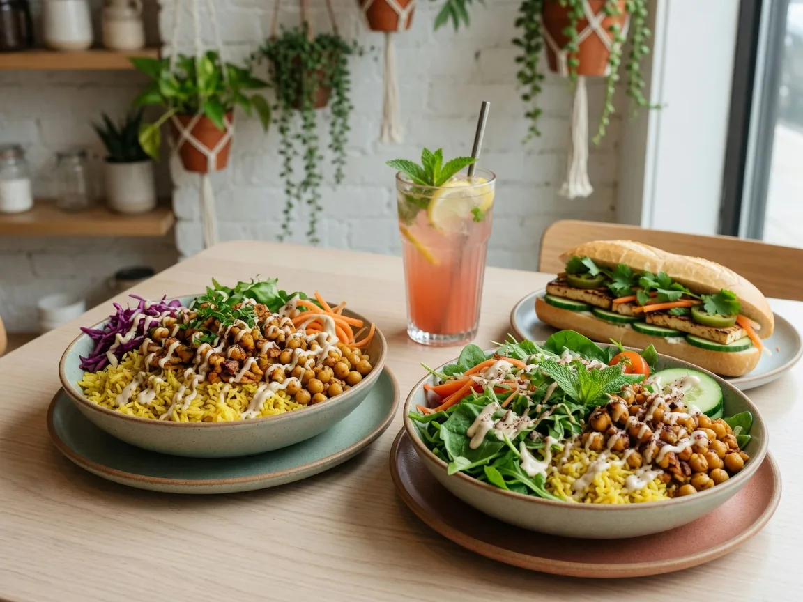 Colourful plant-based bowls with chickpea shawarma, rice, fresh greens, and tahini drizzle on ceramic plates at Mathilda's in Oshawa, with a banh mi sandwich in the background