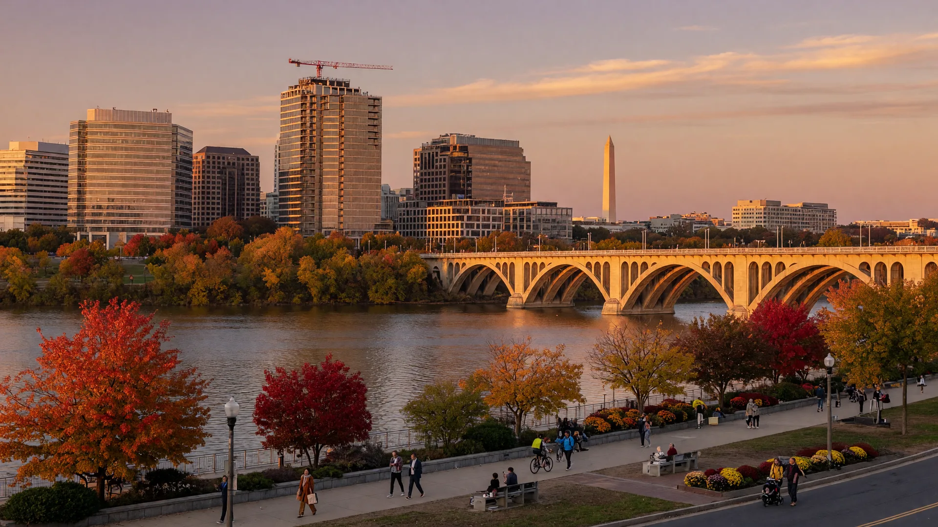 Arlington, Virginia skyline and Rosslyn with Key Bridge over the Potomac River at golden hour