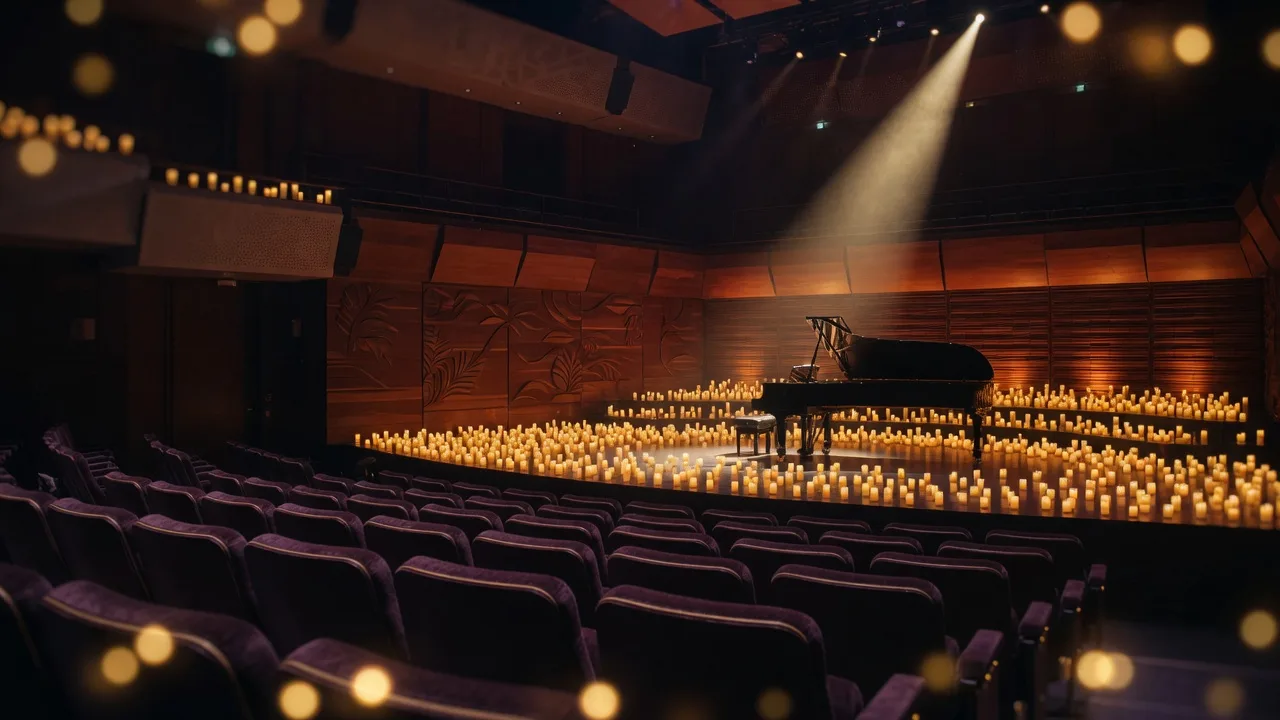 A candlelight concert at the Music and Arts Community Center in Fort Myers with warm LED candles glowing on stage in front of a grand piano