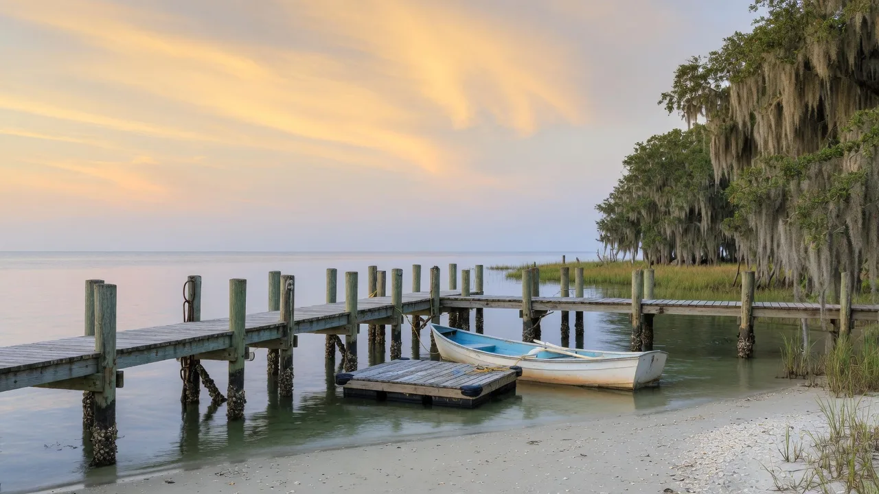 Quiet Lowcountry dock with a white rowboat at dawn
