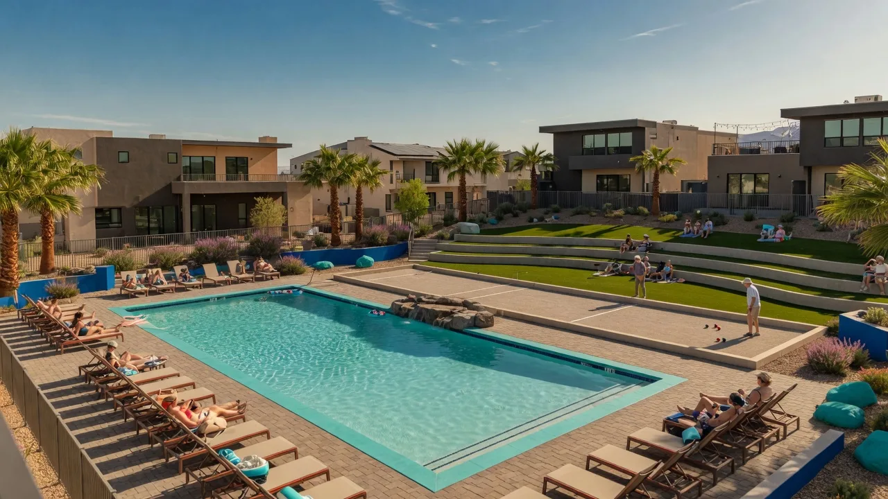 A community resort pool and recreation area in a desert master-planned community, representative illustrative imagery