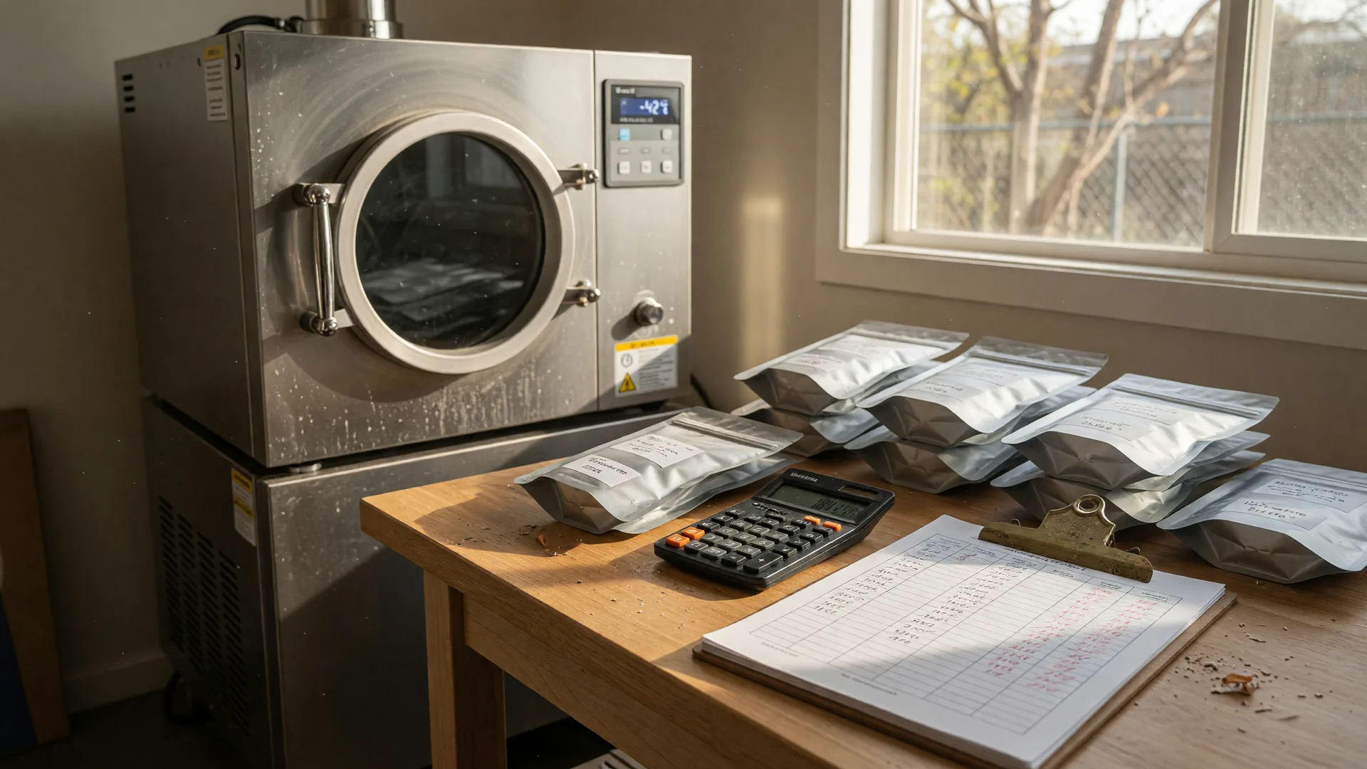 A business owner reviewing a cost spreadsheet next to a freeze dryerand boxes of packed Mylar pouches