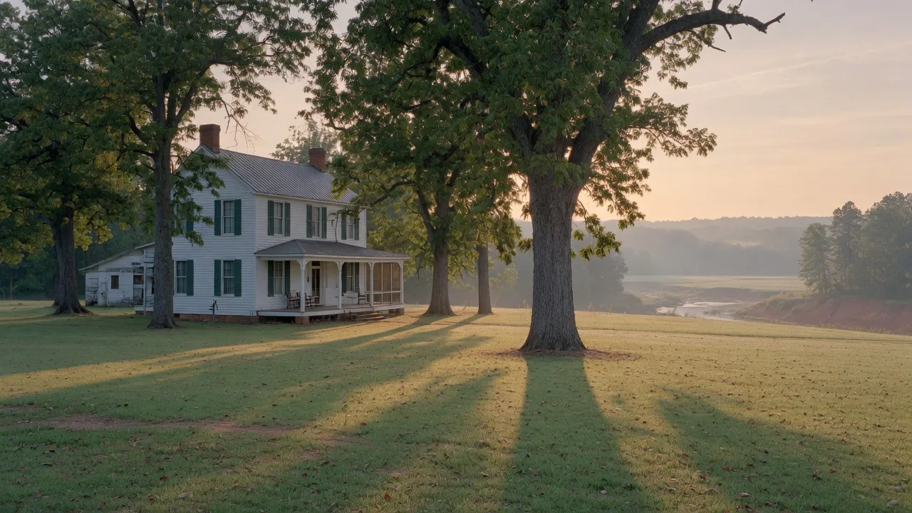 Historic white farmhouse on a flat lawn with mature pecan trees in rural Georgia, the river valley visible in the golden morning light beyond