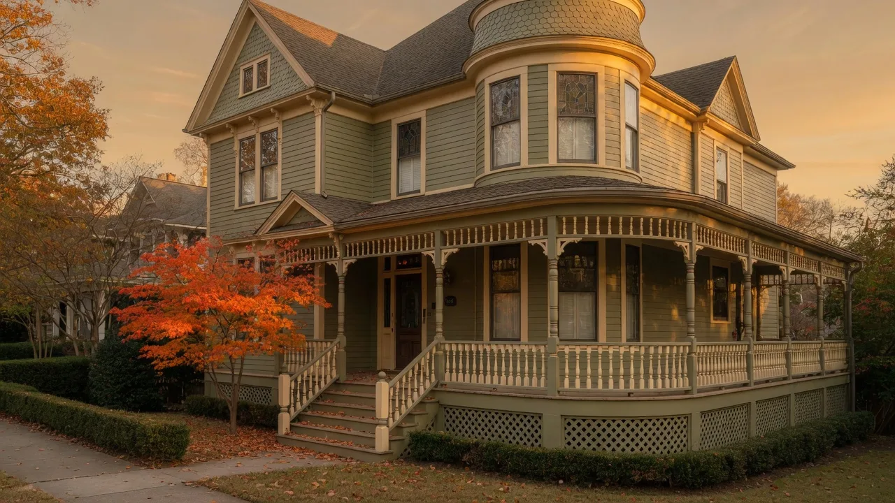Restored Queen Anne Victorian home in an Atlanta historic district at golden hour with early fall foliage