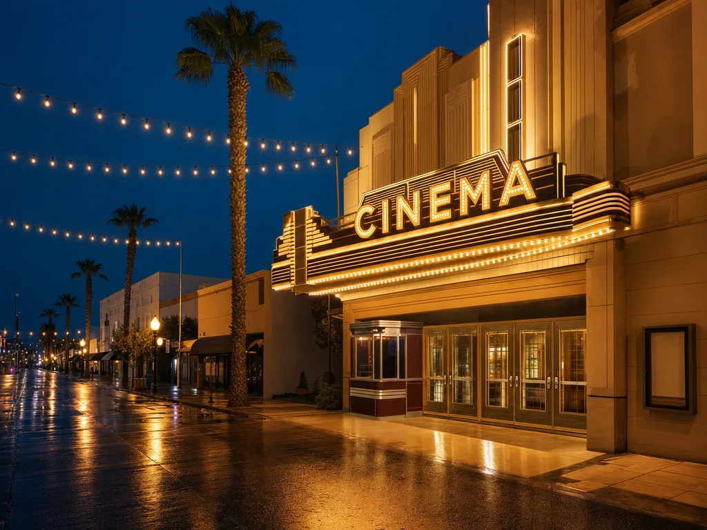 The glowing marquee of a restored historic movie theater on a small-town main street at night, vintage art-deco facade lit softly, overhead string lights, and silhouetted palm trees under a deep blue evening sky
