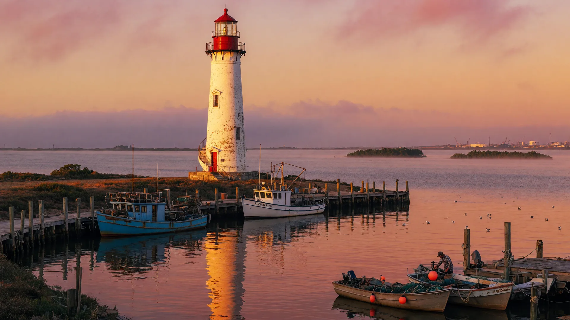 A historic Texas lighthouse overlooking a bay at golden hour