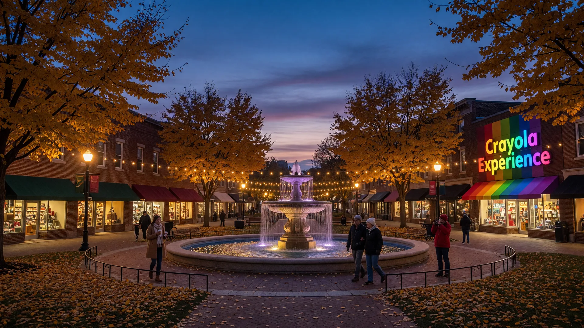 Centre Square in downtown Easton at dusk on an October evening, the fountain at the circle with warm lights on, red-brick storefronts glowing, the Crayola Experience building, trees in gold and orange, pedestrians in coats strolling under a deep blue twilight sky