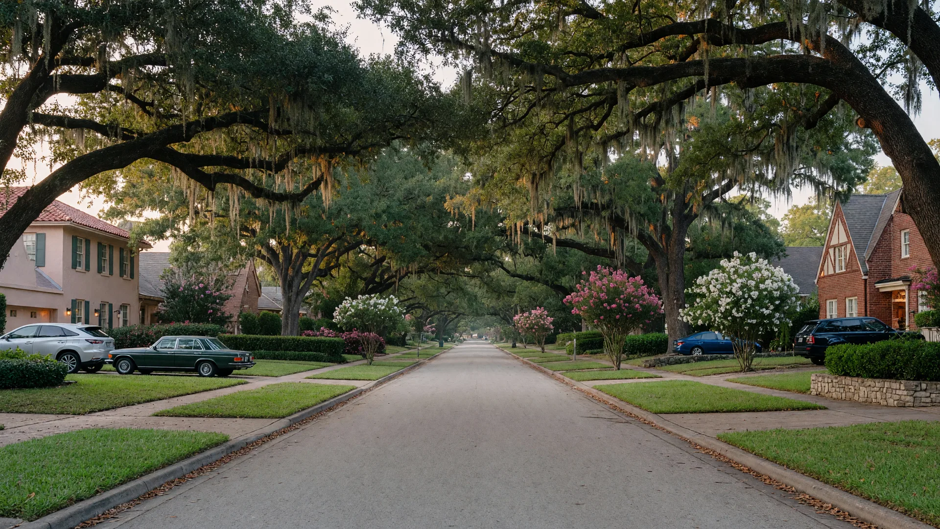 Mature live oaks canopied over an elegant residential boulevard in Alamo Heights