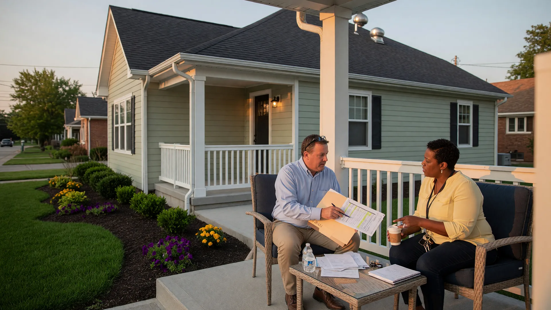 A Dayton Ohio real estate investor and property manager reviewing paperwork on the front porch of a renovated rental home with fresh paint and new landscaping