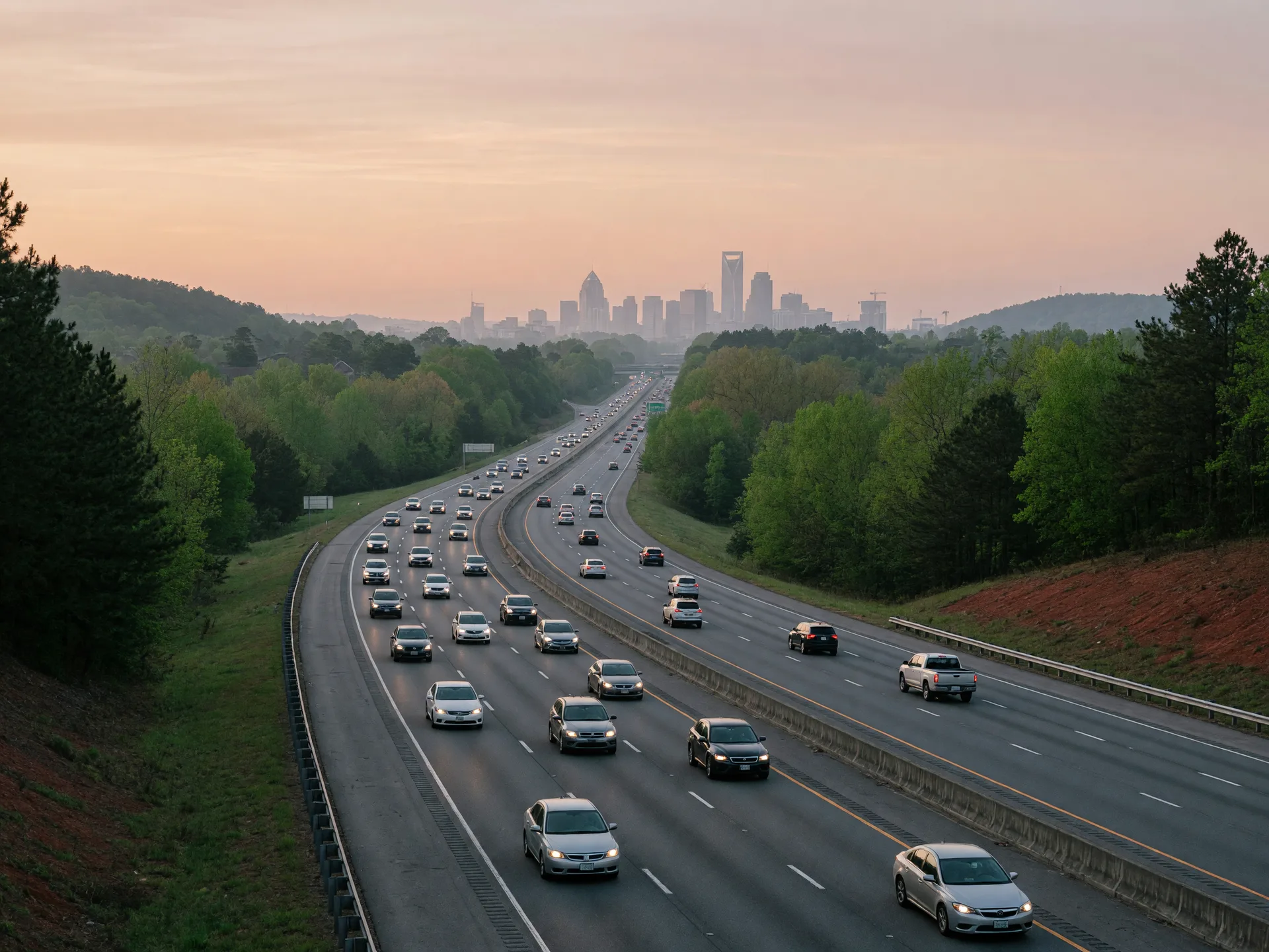 I-77 northbound toward Charlotte from Fort Mill at dawn