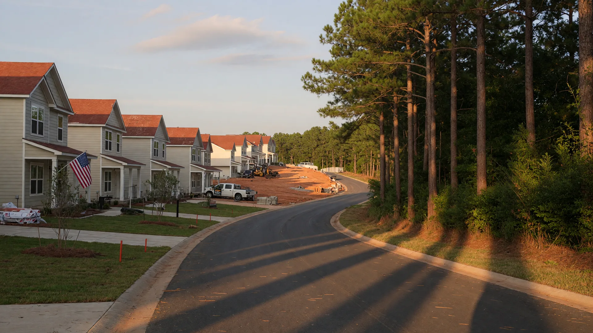 A curving two-lane road in Porter, Texas with new construction homes on one side and mature pine trees on the other under warm late-afternoon light