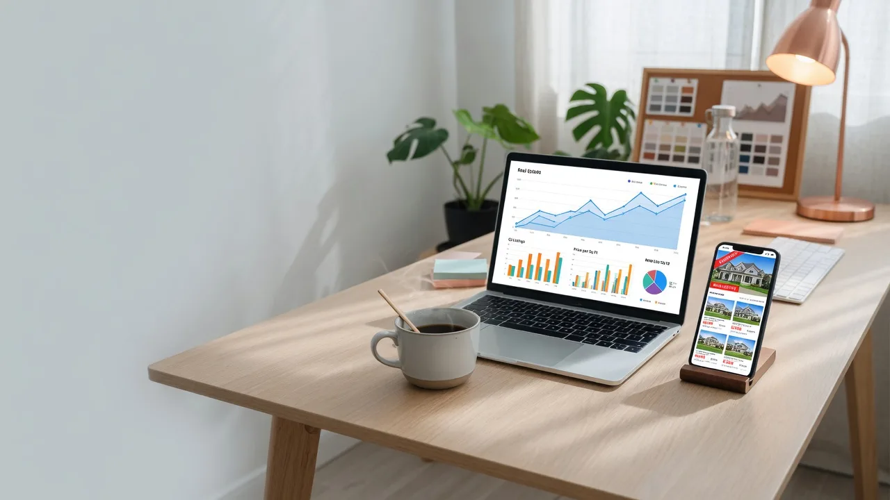 Modern workspace with laptop displaying analytics and target marketing data