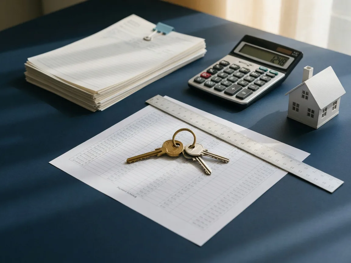 A mortgage planning scene with loan documents, a calculator, and house keys on a dark navy desk