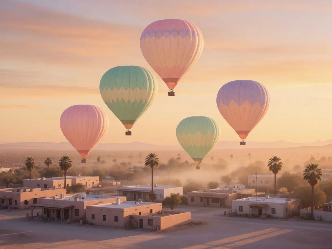 Hot air balloons glowing at sunrise over a small Arizona town near Litchfield Park