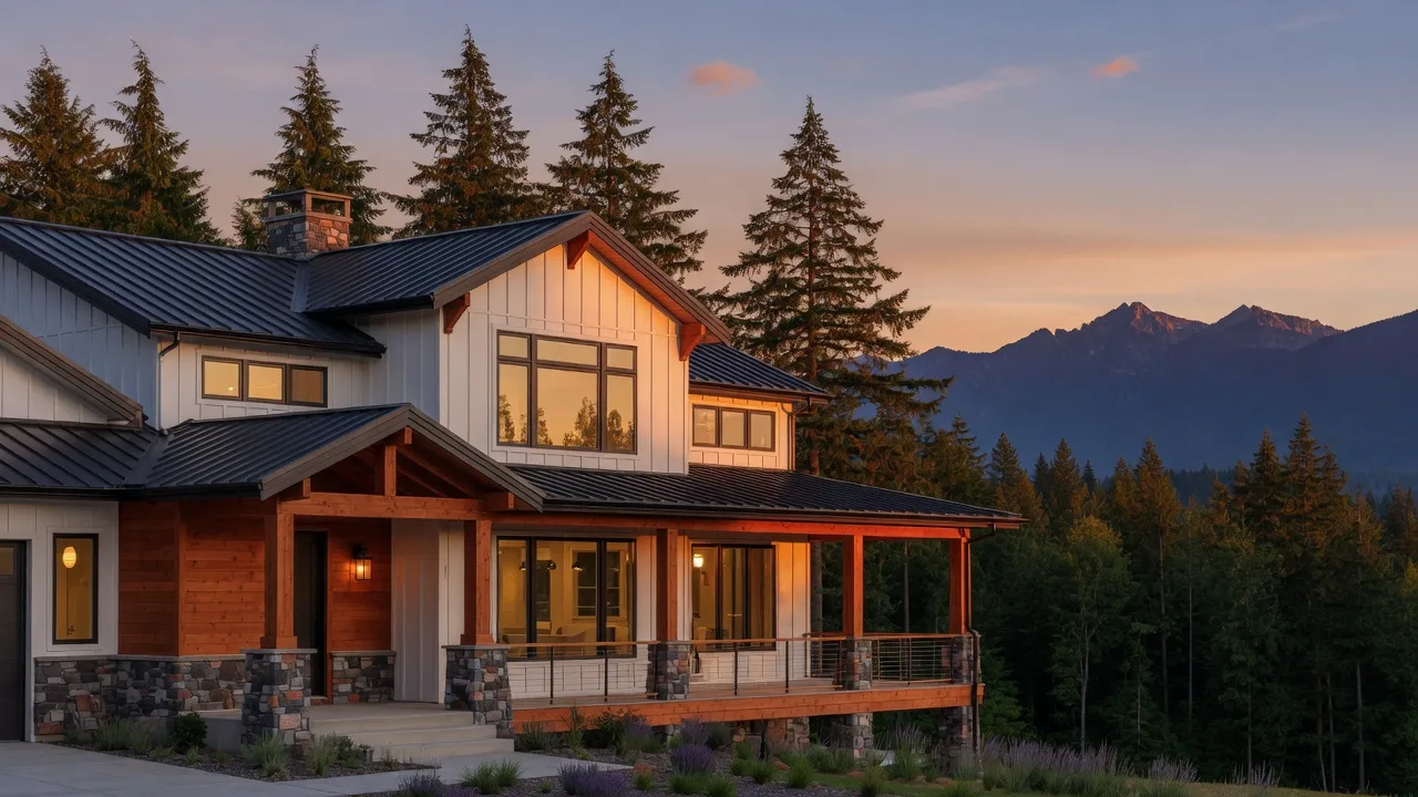 Luxury new construction home in the Pacific Northwest at golden hour