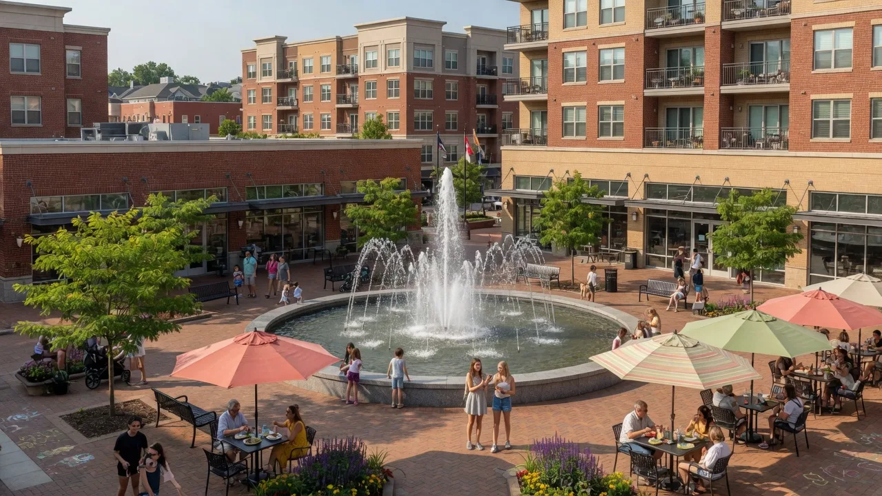 Rockville Town Square plaza and fountain, Maryland