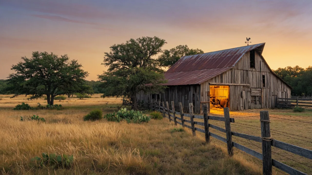A Texas Hill Country barn with a rusted metal roof glowing at dusk, fenced grassland and live oaks around it