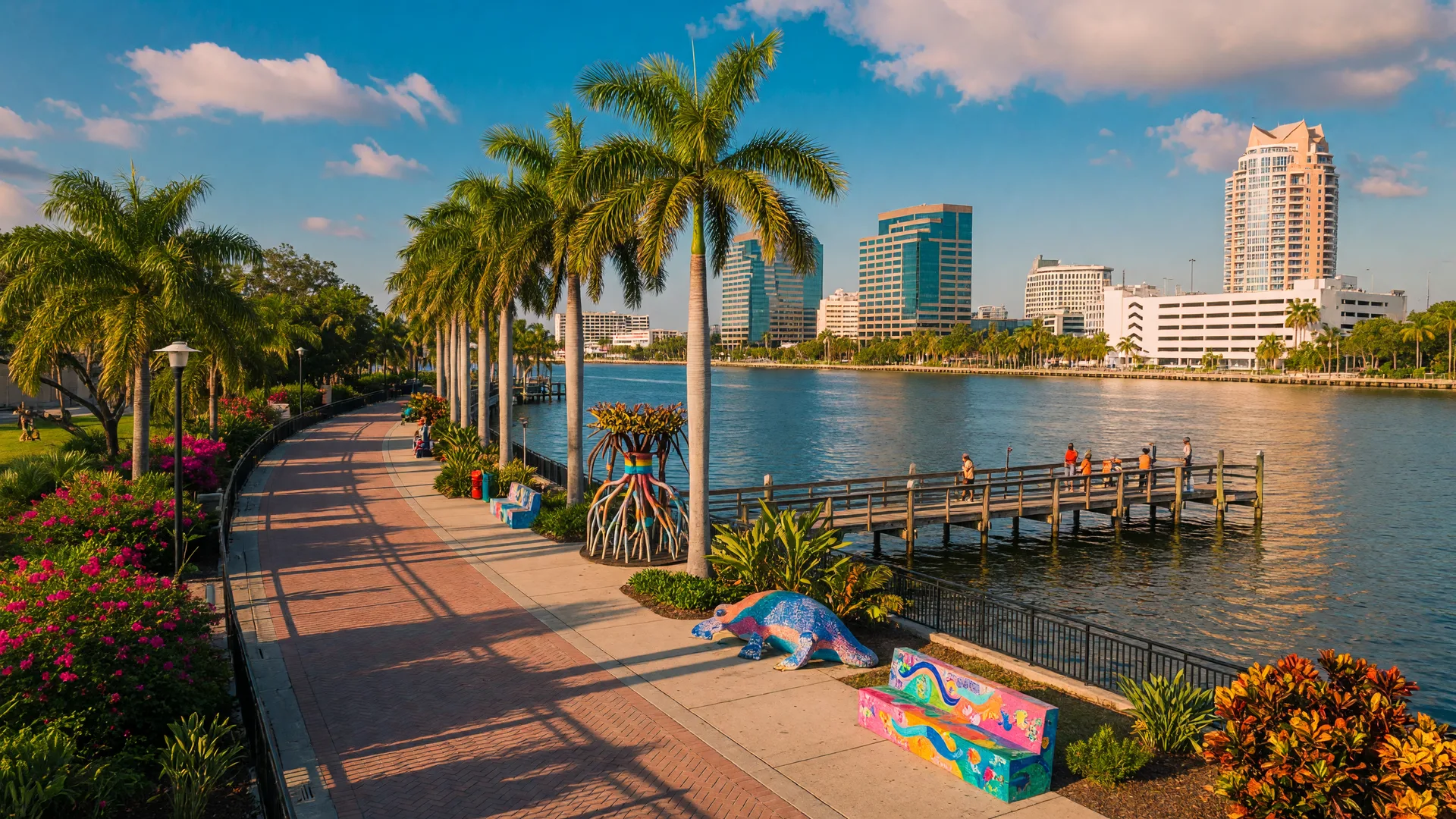 Bradenton Riverwalk along the Manatee River with palm trees, a fishing pier, public art, and the city skyline on a warm summer afternoon