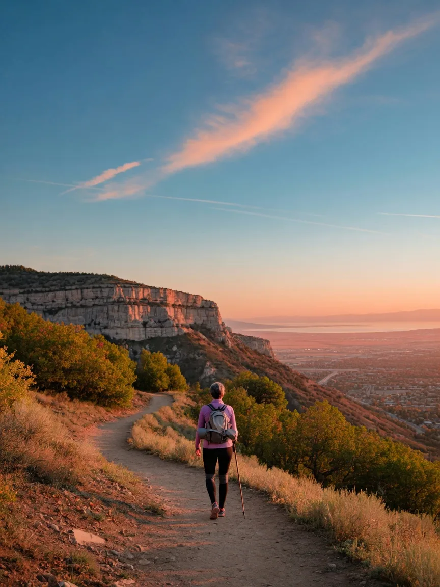 A hiker walking a trail in the Wasatch foothills above Draper, Utah at golden hour