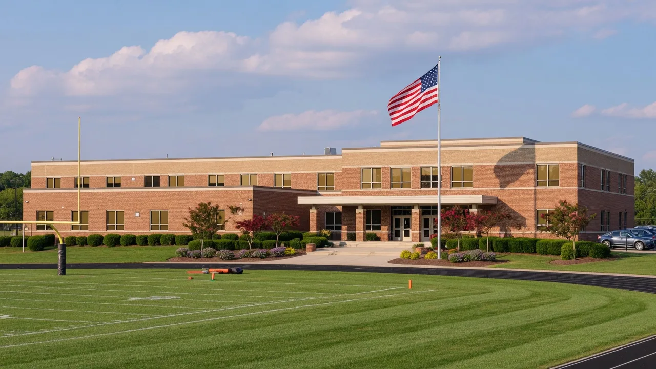 Patriot High School in Bristow, Virginia with its modern brick building, athletic field, and American flag on a sunny day