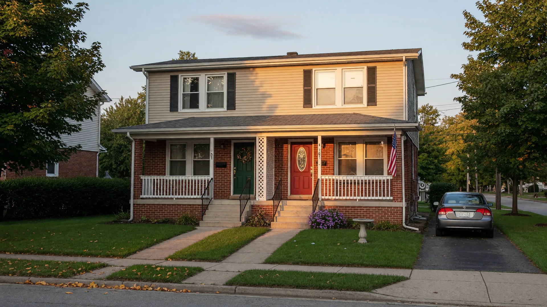 Classic two-story brick duplex in Northwest Indiana with two front doors and two side-by-side porches on a tree-lined residential street in warm September light