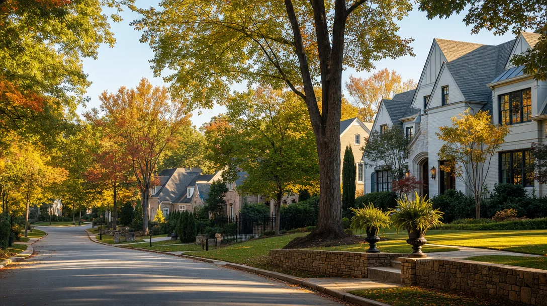 Tree-lined neighborhood street with luxury homes in Metro Atlanta