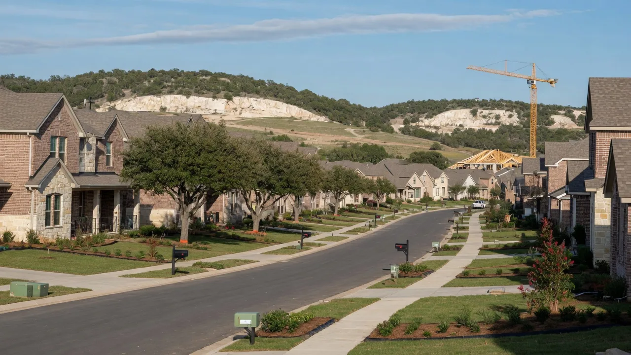 Rows of newly built homes in a master-planned community near New Braunfels with construction ongoing in the distance
