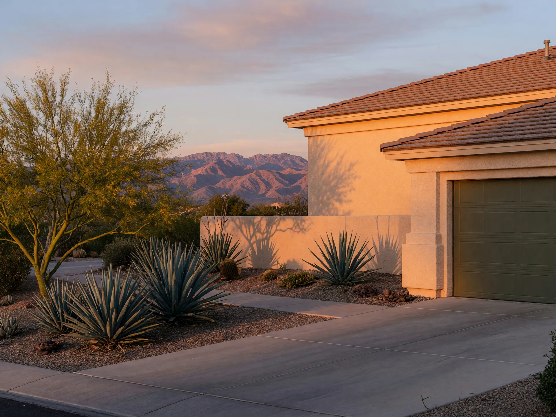 A modern Southwestern home in Gilbert, Arizona at golden hour with desert landscaping and the San Tan Mountains on the horizon