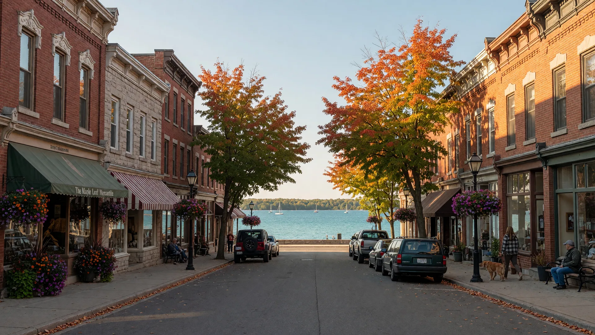 Queen Street, Port Perry's heritage main street, lined with brick storefronts and maple trees turning orange in the late-afternoon light