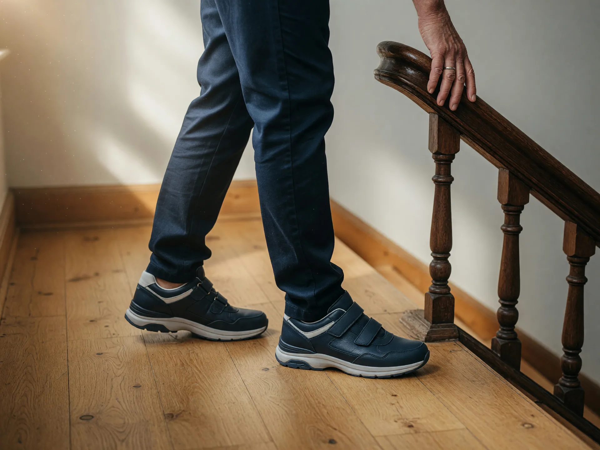 Supportive shoes and a stair handrail, simple ways to protect balance when neuropathy affects the feet
