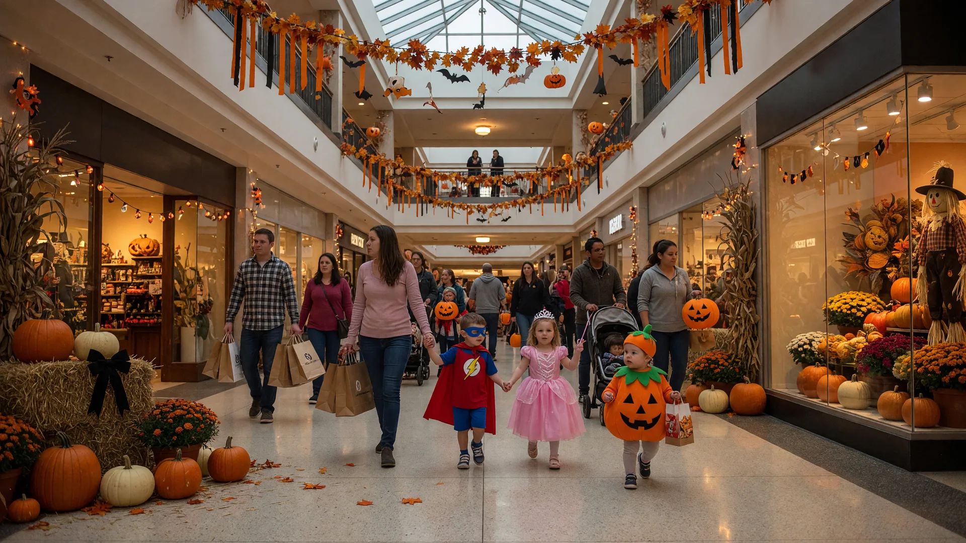 Indoor mall atrium decorated for Halloween with costumed children and families walking between pumpkin-adorned storefronts