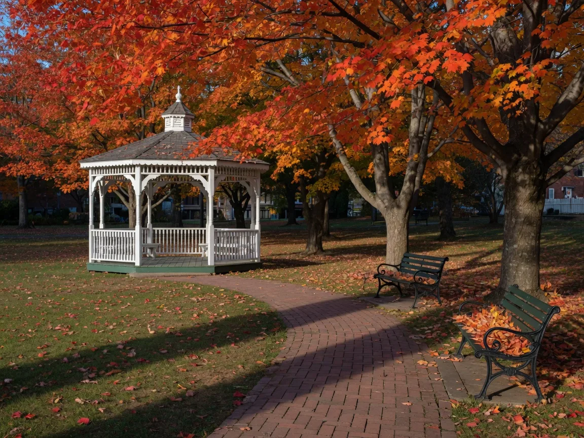 Bryn Mawr Park gazebo on a lawn of fallen leaves with red and orange maple trees