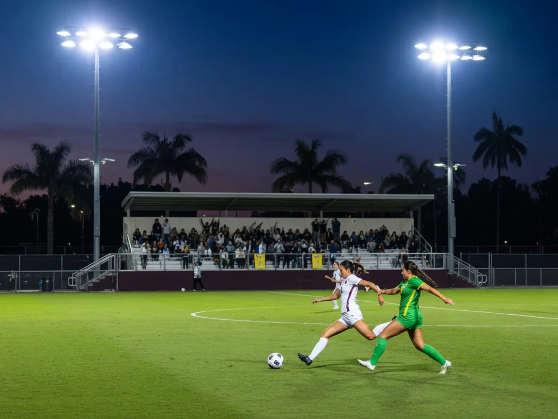 A college women's soccer match at night under bright stadium lights, players in motion on a green field, a modest grandstand of spectators, and palm trees silhouetted against a deep blue evening sky