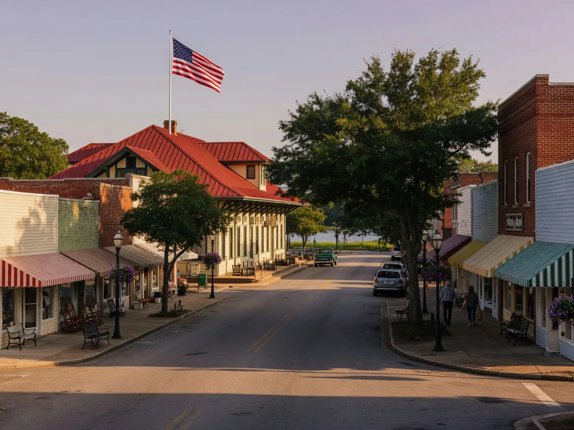 A restored red-roofed train depot at the head of a tree-lined main street in Flowery Branch, Georgia in late-afternoon light