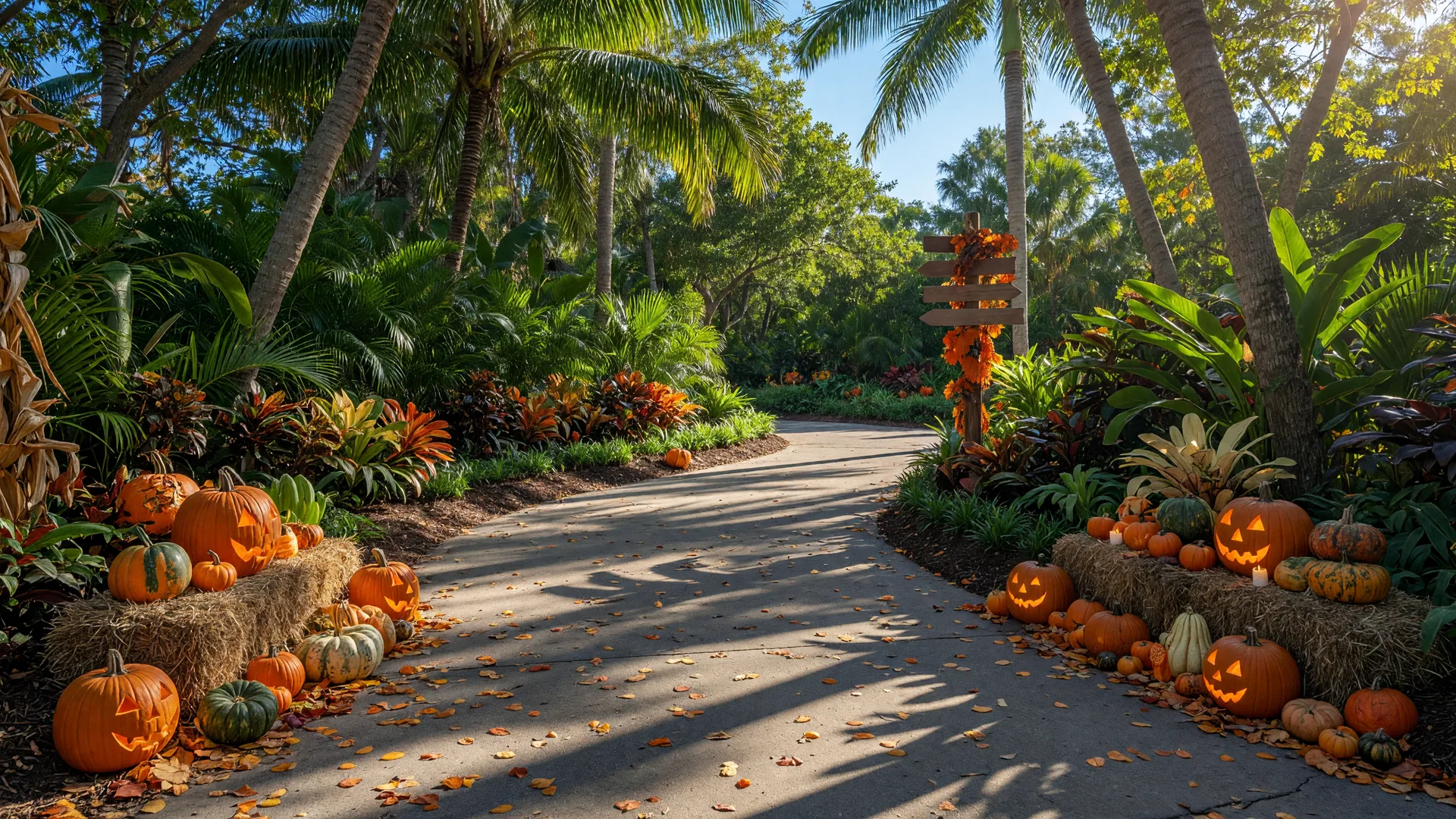 A winding path at the Naples Zoo decorated for Boo at the Zoo with carved pumpkins, gourds, and hay bales between tropical palms