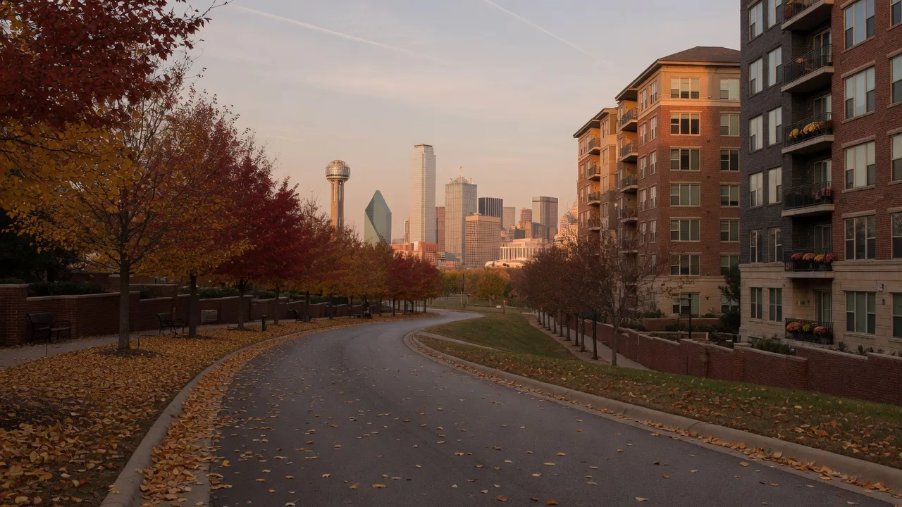 A tree-lined paved trail in the Dallas urban core covered in autumn leaves, with mid-rise condos and the downtown Dallas skyline in the distance
