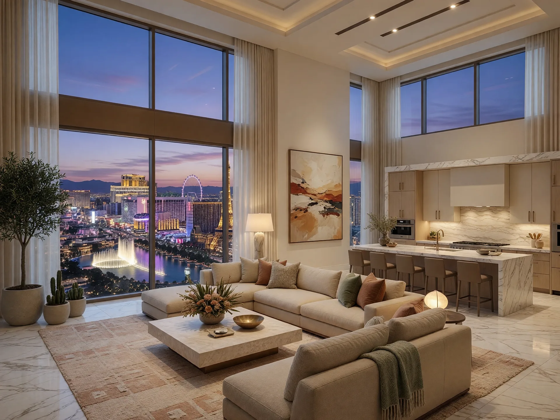 Luxury interior rendering of a Four Seasons Private Residences living room with floor-to-ceiling windows overlooking the Las Vegas Strip at twilight
