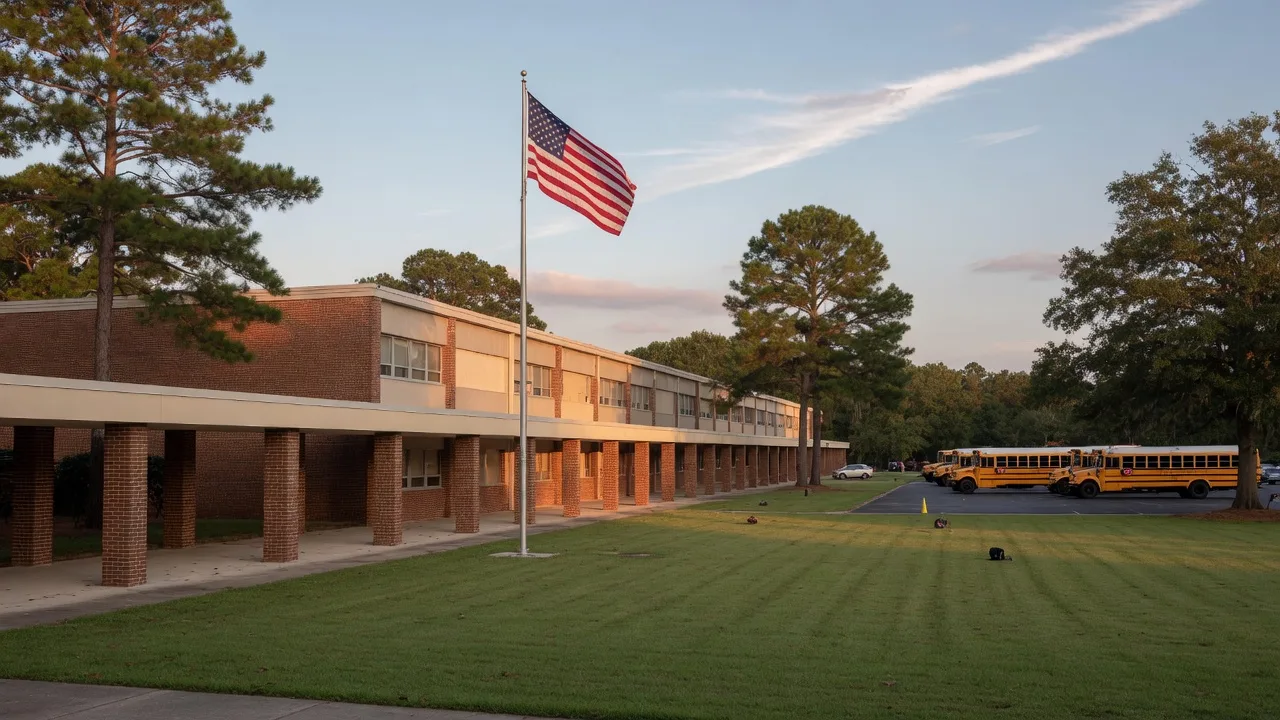 Modern suburban public high school campus in Douglas County, Georgia with a low two-story brick and beige building, flagpole, green lawns, school buses, and southern pines
