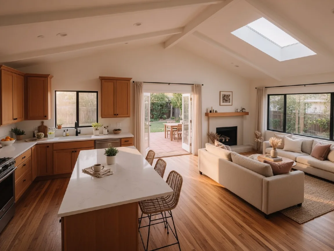 Open concept ranch home interior with bright kitchen and living area, warm natural light