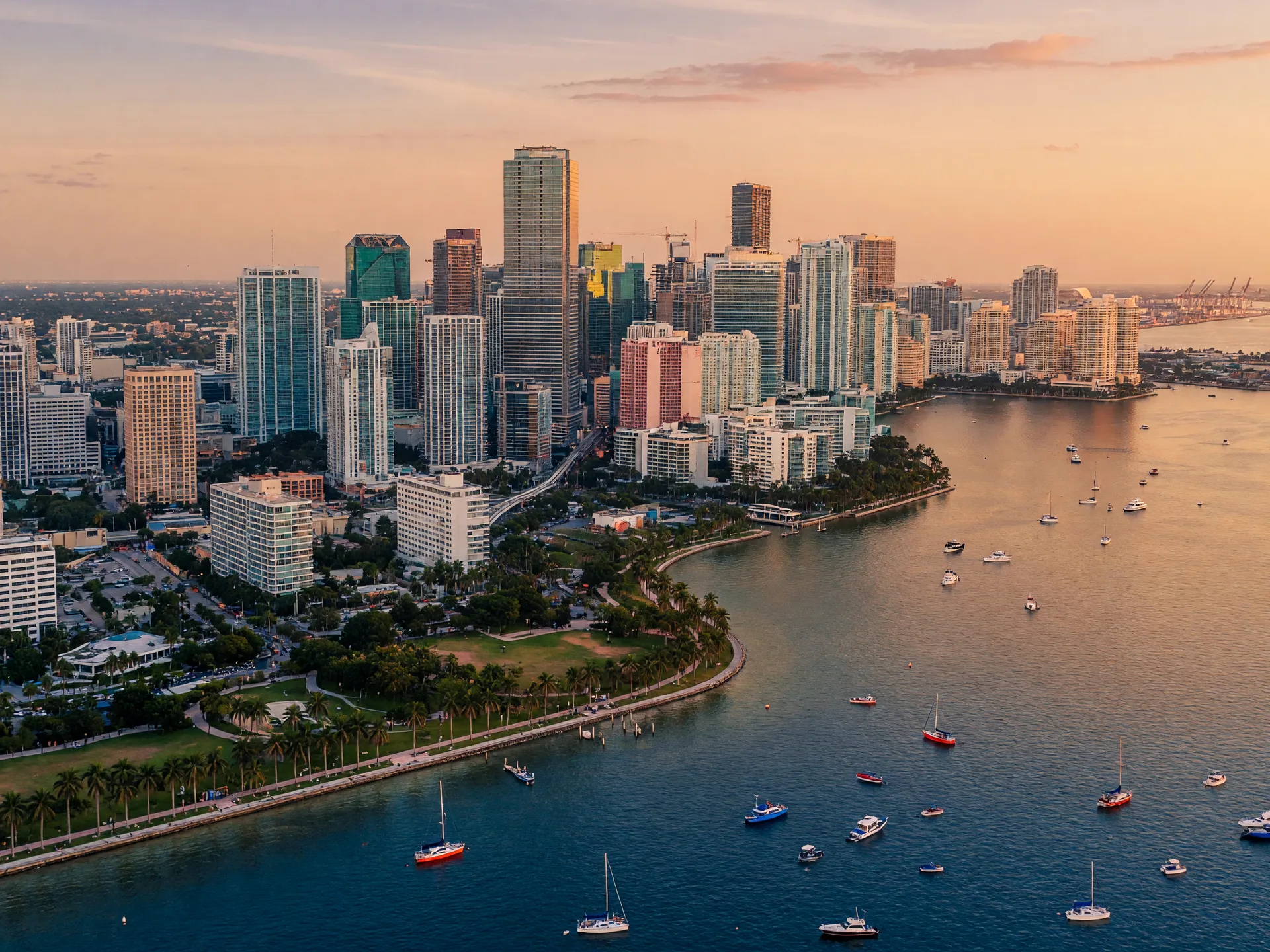 Aerial view of Downtown Miami and Biscayne Bay at golden hour