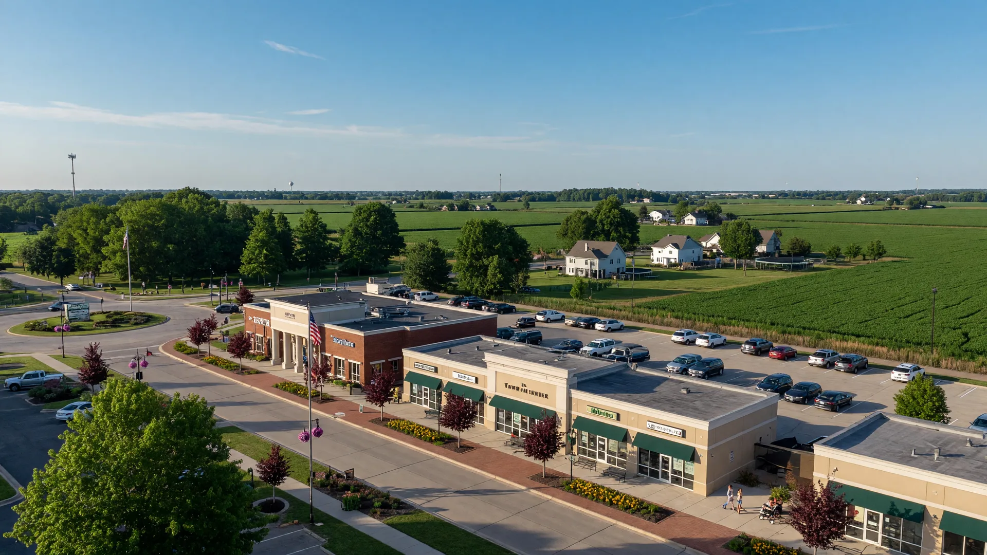 New construction traditional brick and siding homes along the US-36 corridor in Avon, Indiana with wide suburban streets and blue sky
