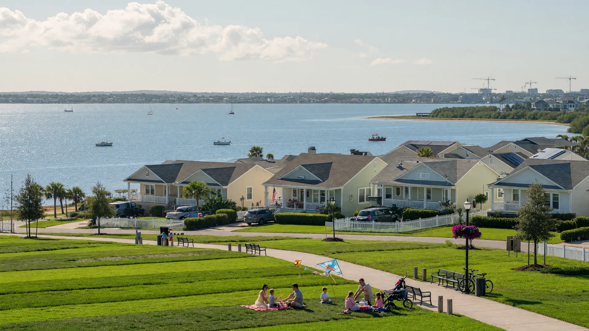 A growing suburban coastal city with a waterfront park and calm bay