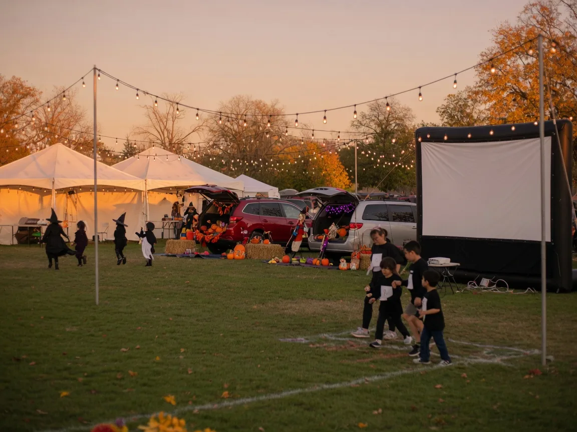 A fall community festival in a suburban park with white vendor tents, strings of lights, decorated booths with pumpkins and hay bales, and families crossing a finish line on the grass in warm golden-hour light