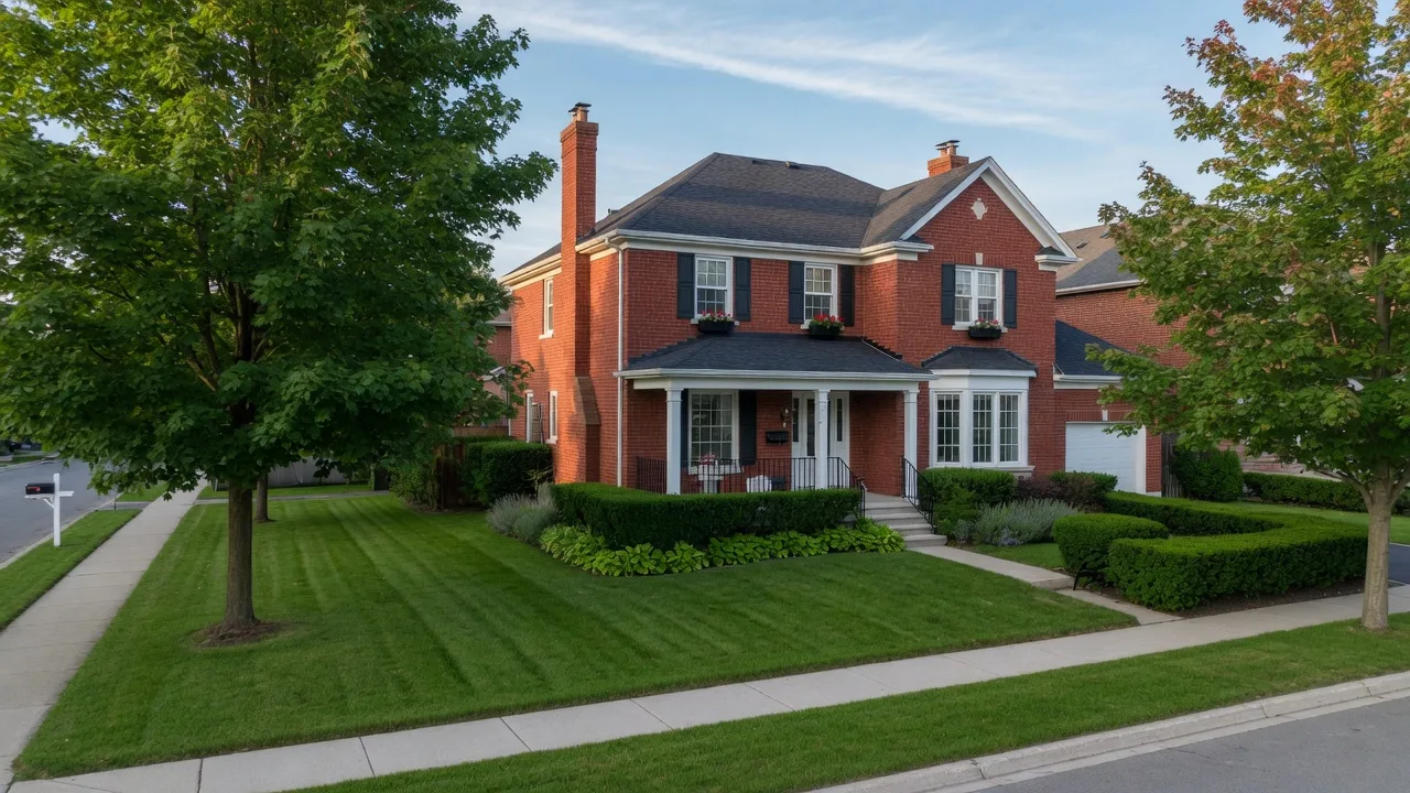 A well-maintained brick family home on a tree-lined Oshawa street with a tidy front lawn and trimmed hedges on a clear summer afternoon