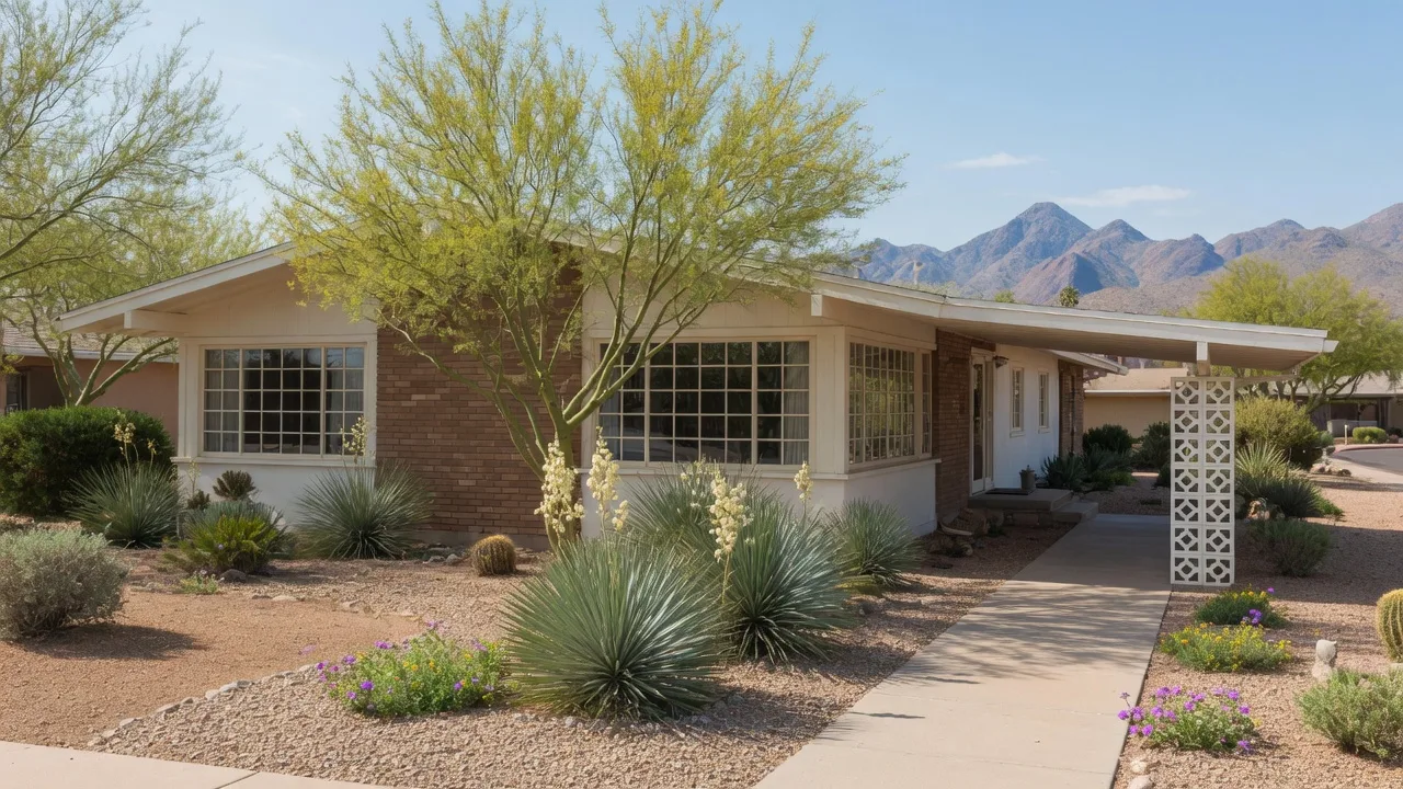 Mid-century ranch style Arizona home with a desert front yard