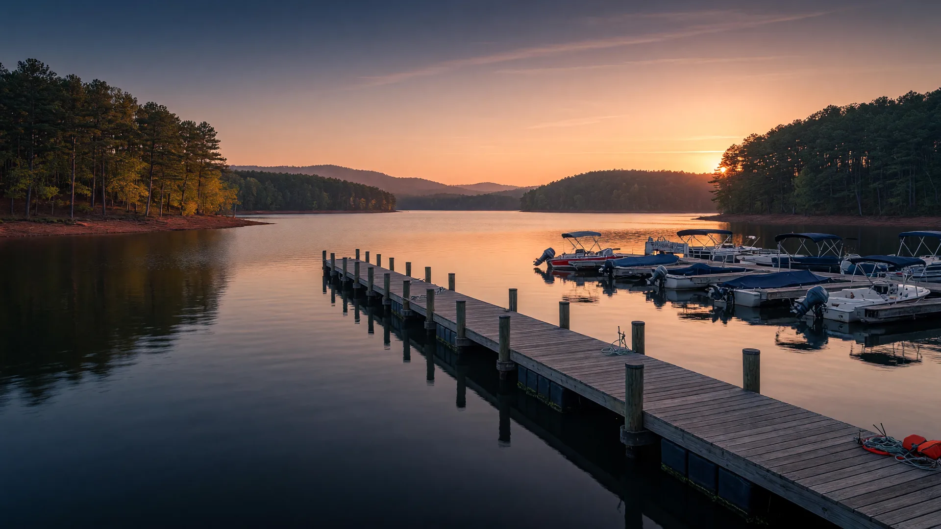 Lake Hartwell shoreline at golden hour with a dock reaching into calm water among pines