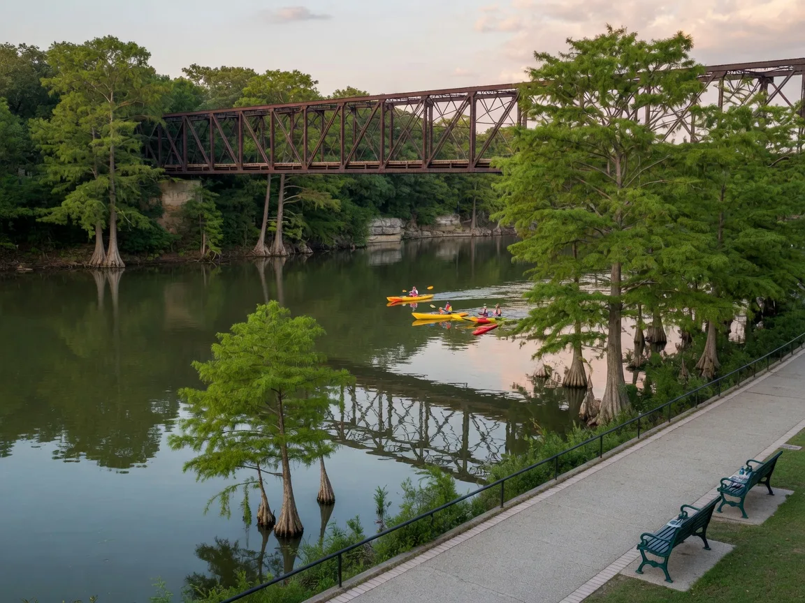 The calm Colorado River at Bastrop reflecting a historic iron truss bridge and riverside cypress trees, with a paved riverwalk path, park benches, and kayakers on the water in soft late-afternoon light