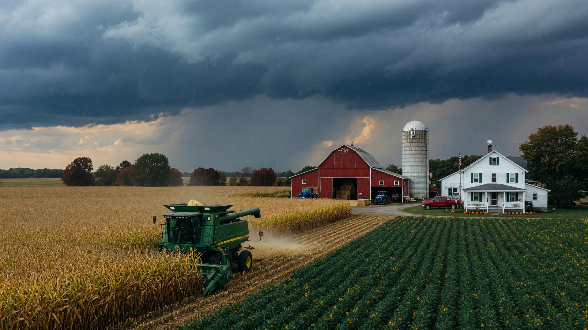 Cinematic wide view of a Wisconsin farm at the start of harvest in mid-September, with a combine working a golden cornfield in the foreground, a green soybean field to the right, and a red barn and white farmhouse beneath a heavy, rain-laden sky